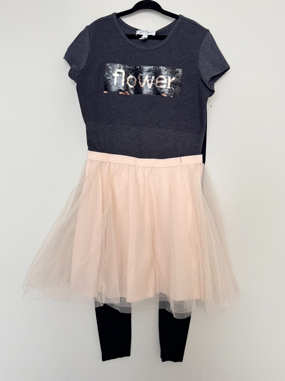Jessica Simpson Charcoal Sequin with Blush Tulle Skirt & Black Leggings Size 7/8